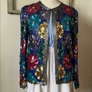 Vintage Leslie Fay Beaded Silk Jacket Flowers Evening Jacket Size S